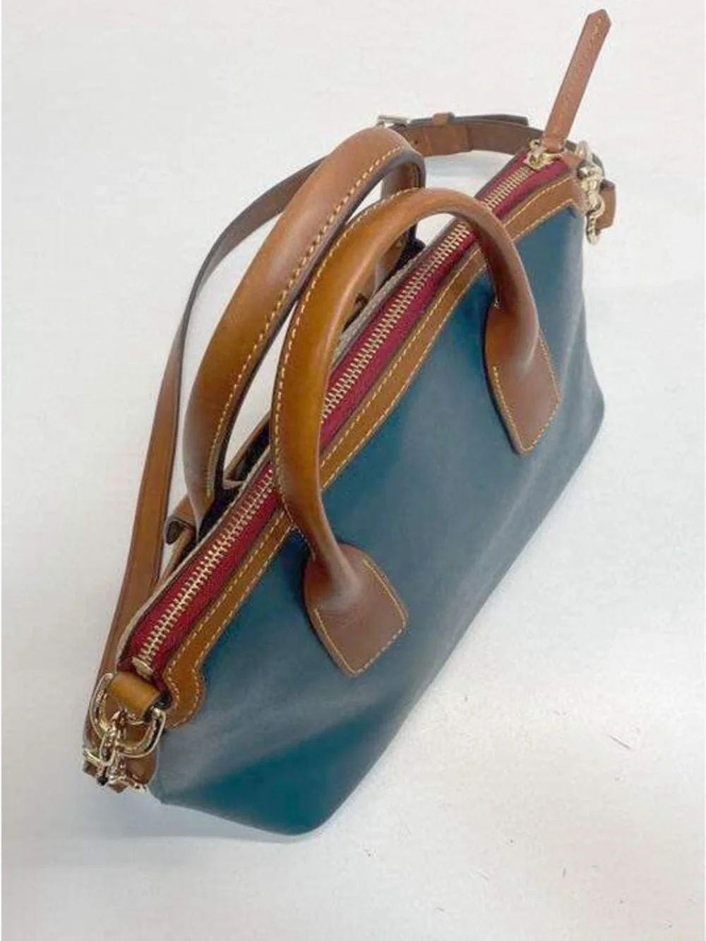 Dooney & Bourke Teal Canvas Leather Satchel with Brown Trim and Gold Hardware